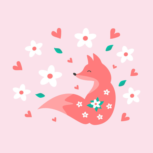可爱的红狐狸与白色樱花花，红色的心和绿色的叶子在粉红色的背景。图片下载