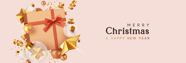 圣诞快乐，恭贺新禧。背景与现实节日礼盒。圣诞礼物。金色的星星，金色的圣诞装饰品，玻璃圆球，闪闪发光的3d五彩纸屑。头信息网站图片下载