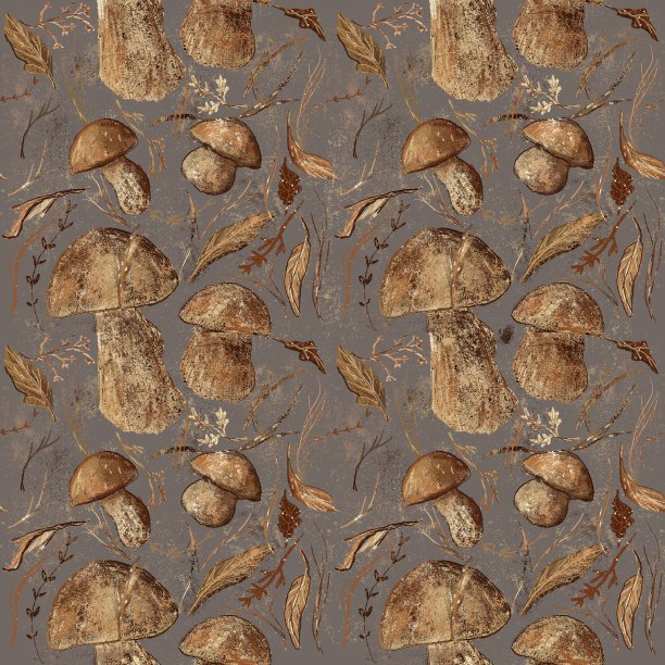 华丽的蘑菇和叶子图案在黑暗的背景上。图片下载