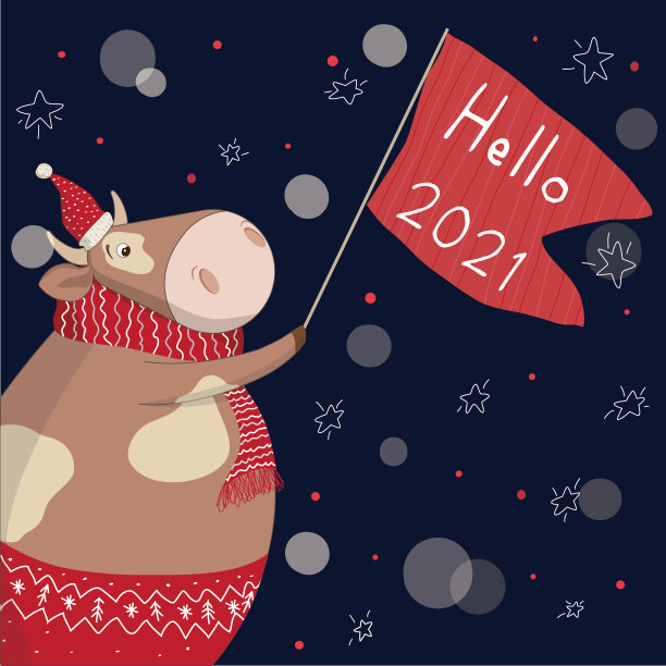 2021年你好。可爱的牛。有有趣公牛的2021年春节快乐贺卡。矢量插图。圣诞快乐。社交媒体图片下载