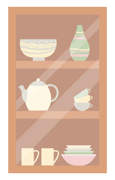 有花瓶、茶壶、碗和盘子的橱柜图片下载