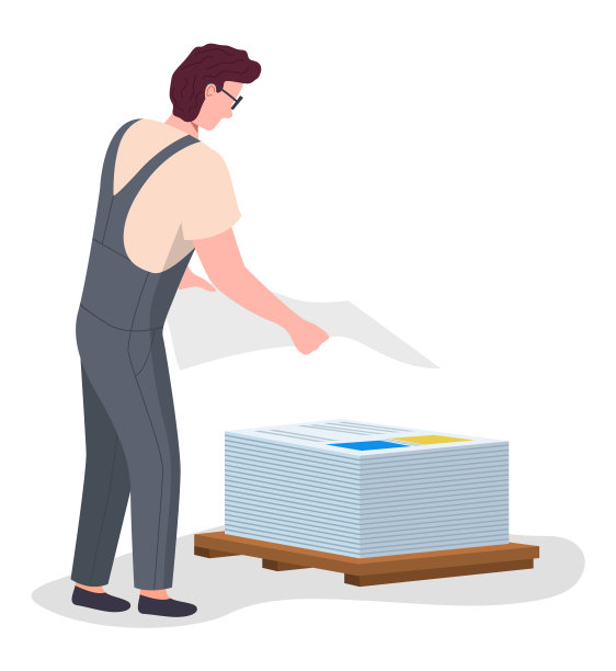 打印工人堆叠打印的纸张。穿制服的人在印刷工作的背影图片下载