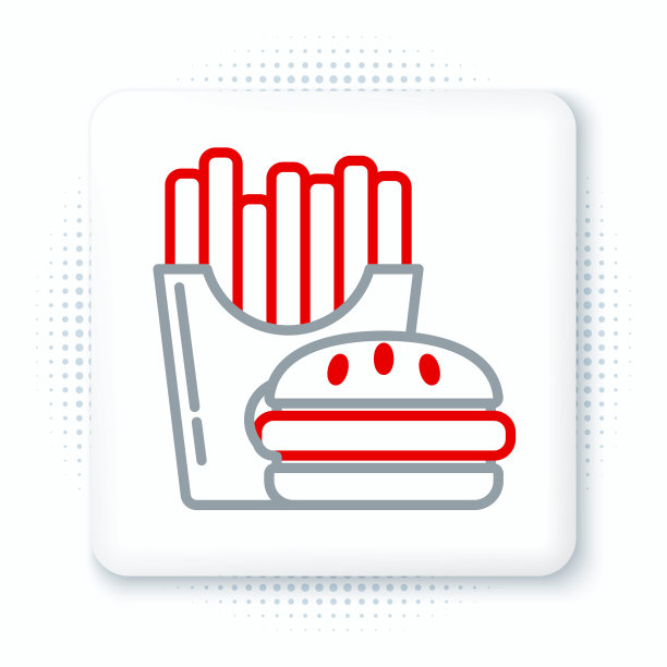 线汉堡和炸薯条在纸盒包装盒图标孤立的白色背景。汉堡包,汉堡包三明治。快餐菜单。色彩斑斓的轮廓的概念。向量图片下载