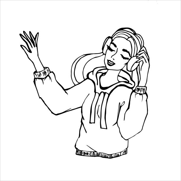 戴着耳机听音乐的时尚女孩，戴着耳机穿毛衣的女孩，手绘的涂鸦风格矢量图。图片下载
