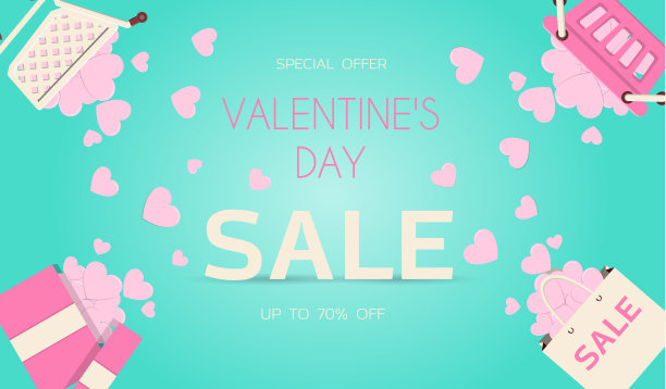 情人节贺卡与爱心的祝福。平面矢量插图销售，网上商店，节日送货。粉红色、红色和蓝色的邀请传单。图片与一套项目的折扣和浪漫的项目二月图片下载