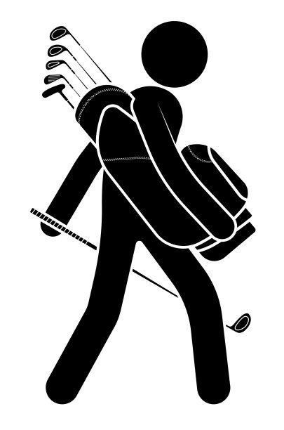 棒状人物，高尔夫球手走与大运动袋高尔夫球杆。体育竞赛，积极的生活方式。向量图片下载