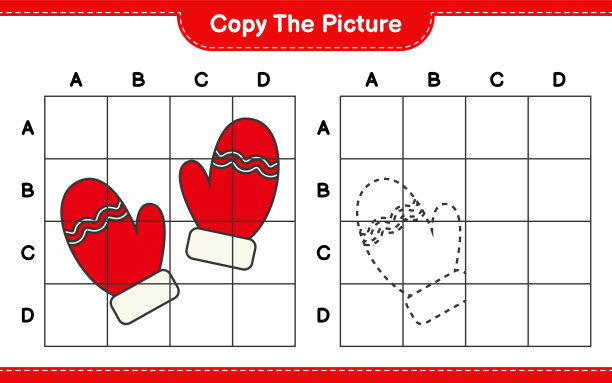 复制图片，复制图片的手套使用网格线。教育儿童游戏，可打印的工作表，矢量插图图片下载