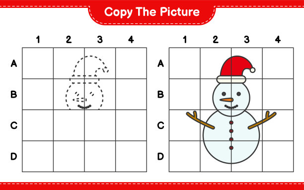 复制图片，使用网格线复制雪人的图片。教育儿童游戏，可打印的工作表，矢量插图图片下载