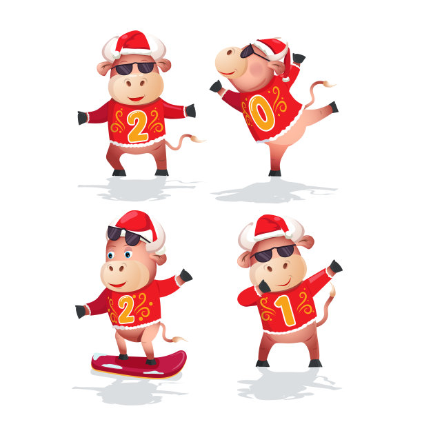 2021年是牛年。有趣的4个多头，2021年的数字在白色背景下。图片下载