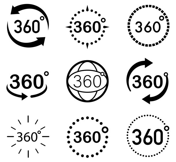360度视图向量集。带箭头的符号表示360度旋转或全景图。矢量图标符号。矢量插图。图片下载