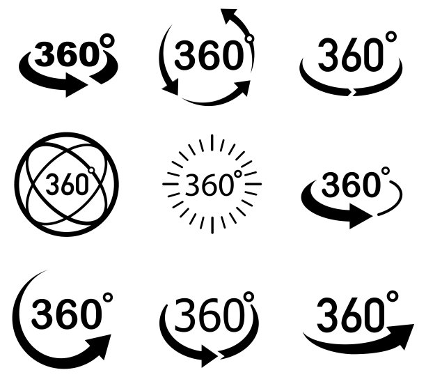 360度视图向量集。带箭头的符号表示360度旋转或全景图。矢量图标符号。矢量插图。图片下载