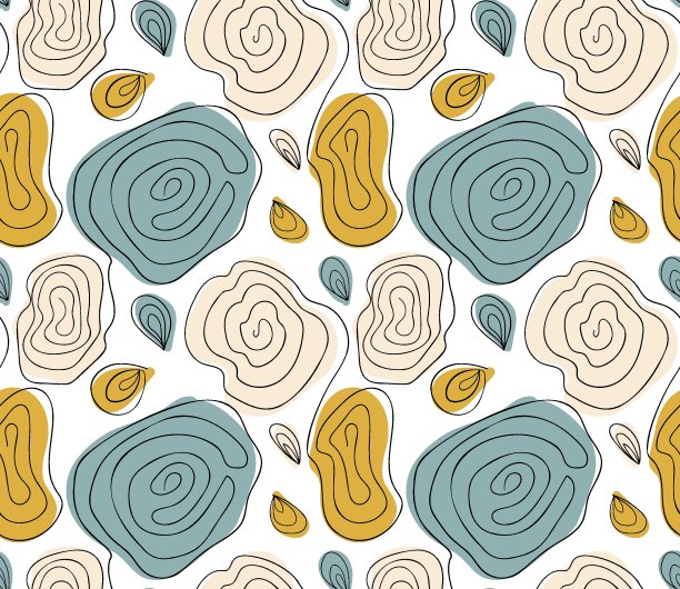 无缝重复的图案，抽象的螺旋不规则的线条，和斑点作为填充。手绘线条。图片下载