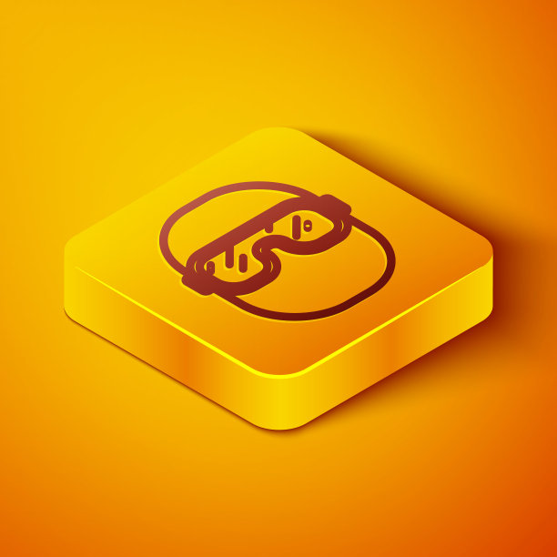 等距线滑雪镜图标孤立在橙色背景。极限运动。运动设备。黄色正方形按钮。向量图片下载