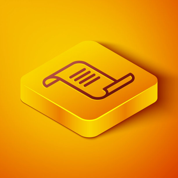 等距线古老的魔法书与炼金术配方和神秘的咒语和结界图标孤立在橙色的背景。黄色正方形按钮。向量图片下载