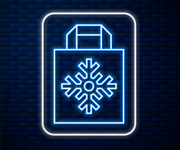 发光的霓虹灯圣诞节雪花购物纸袋图标，砖墙背景矢量素材图片下载