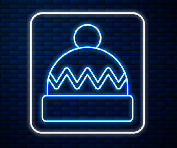 发光的霓虹灯线冬季帽子图标隔离在砖墙背景。向量图片下载