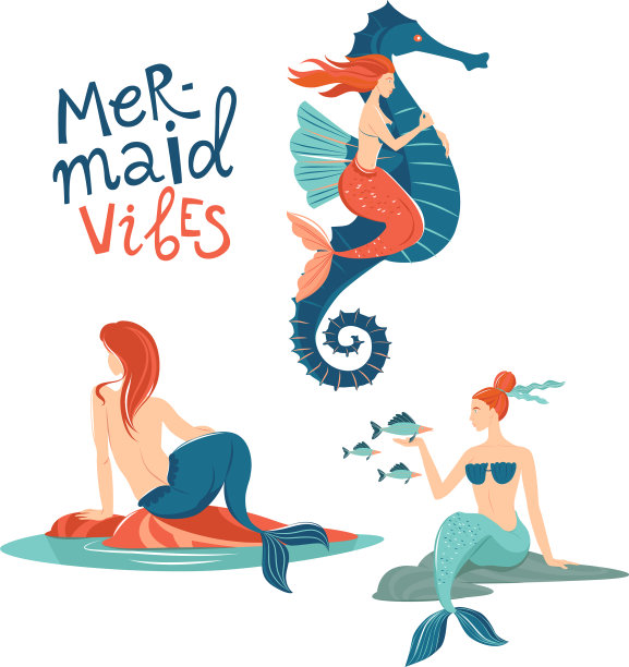 美人鱼海洋生命手绘扁平人物图片下载