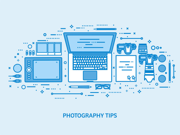 摄影工具，照片编辑和照片拍摄。带镜头的数码相机。平坦的蓝色轮廓背景。线条艺术矢量图图片下载