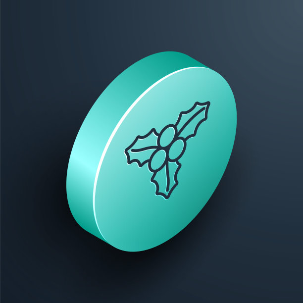 2.5D荚蒾或欧洲荚蒾分支图标，黑色背景上的圣诞快乐和新年快乐，青绿色圆圈按钮矢量图图片下载