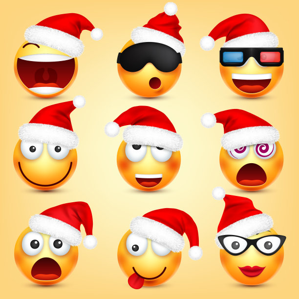 表情符号向量集。黄色的脸带着情绪和圣诞帽。新年,圣诞老人。冬季emoji。悲伤、快乐、愤怒的脸。有趣的卡通人物情绪图片下载