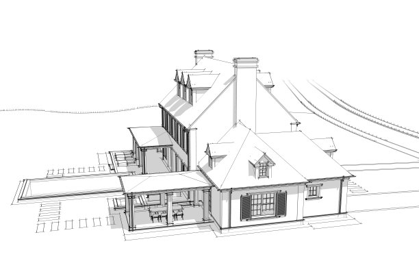 殖民风格的现代古典住宅的3d渲染，白色背景上的黑线图片下载