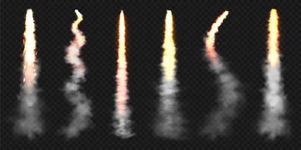 真实的太空火箭发射轨迹。火灾爆炸,爆炸。导弹或子弹痕迹。喷气式飞机的痕迹。烟云、雾。蒸汽流量。矢量图图片下载