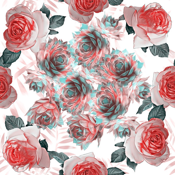 玫瑰花架配仙人掌，图案无缝。图片下载