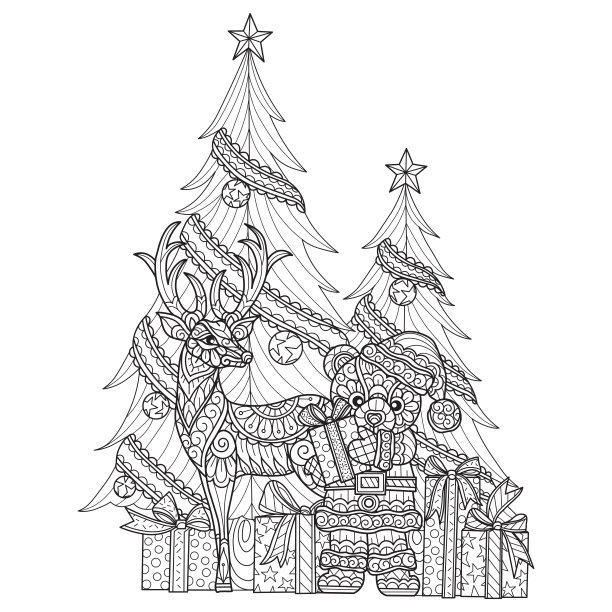 在圣诞节的熊和鹿的成人涂色页，插图风格。图片下载