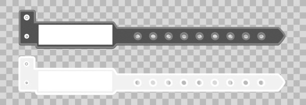 为医院或聚会活动节日的手镯或腕带的黑白空模板向量集。L型手镯与安全锁和地方的文字或标志隔离在透明的背景。图片下载