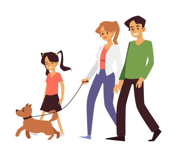 幸福的家庭正带着最喜欢的宠物狗散步图片下载