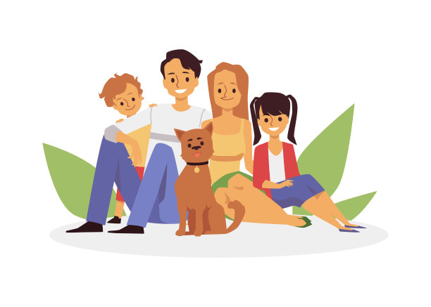 快乐的卡通家庭与狗孤立在白色的背景。图片下载