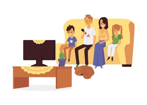 幸福的家庭与最喜欢的宠物狗看电视矢量孤立的插图图片下载
