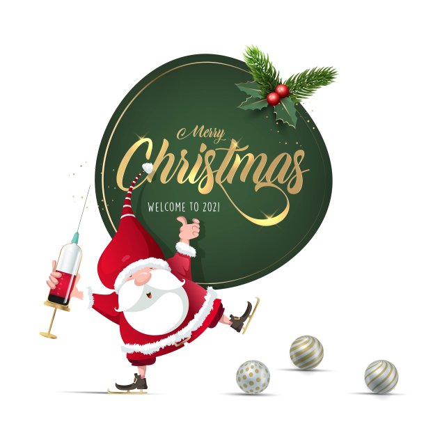 圣诞快乐，2021年新年快乐。圣诞老人、Covid-19疫苗庆祝活动。诺埃尔横幅头，背景或贺卡设计。图片下载