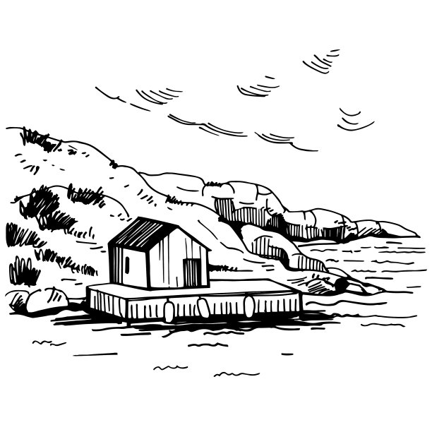 手绘景观与房子在海岸图片下载
