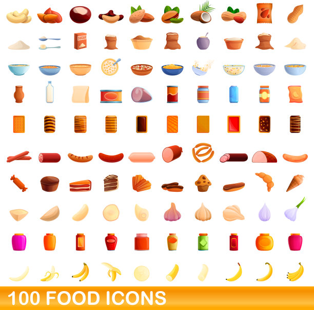 100个食物图标设置卡通风格图片下载