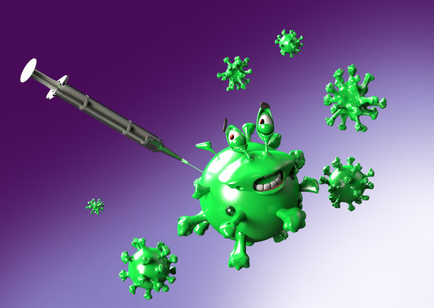疫苗对抗病毒的概念，有趣的卡通病毒3d渲染插图图片下载
