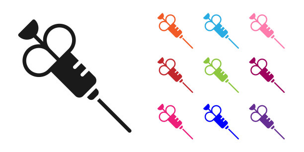 黑色注射器图标隔离在白色背景上。疫苗注射器，接种疫苗，注射，流感疫苗。医疗设备。设置彩色图标。向量图片下载