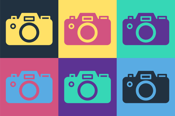 波普艺术照片相机图标孤立在彩色背景上。与相机图标。向量图片下载
