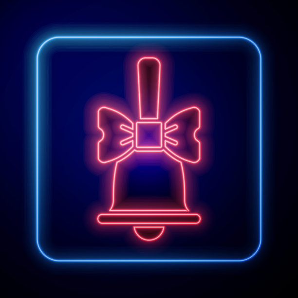 蓝色背景上的霓虹圣诞响铃图标。闹钟、服务铃、手摇铃、通知。矢量素材图片下载