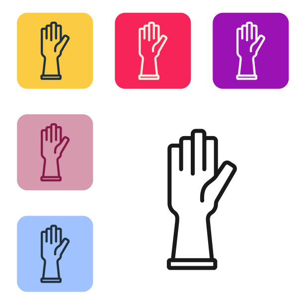 黑线橡胶手套图标隔离在白色背景上。乳胶手保护标志。家务清洁设备的标志。设置图标为彩色方框按钮。向量图片下载