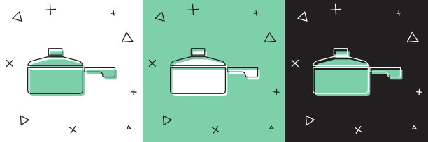 设置煎锅图标孤立在白色和绿色，黑色背景。油炸或烘焙食品的象征。向量图片下载