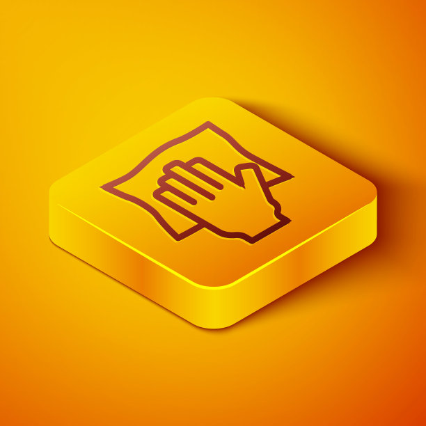 清洁服务图标隔离在橙色背景上。乳胶手保护标志。家务清洁设备符号。黄色正方形按钮。向量图片下载