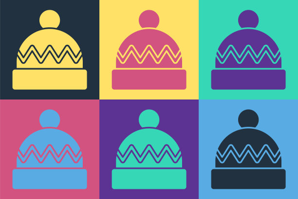 波普艺术冬季帽子图标孤立的颜色背景。向量图片下载