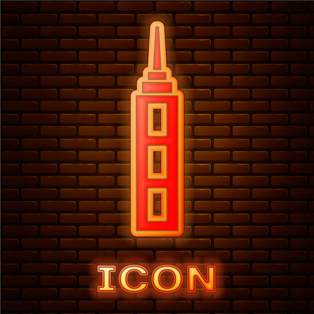 发光的霓虹灯摩天大楼图标孤立在砖块上图片下载