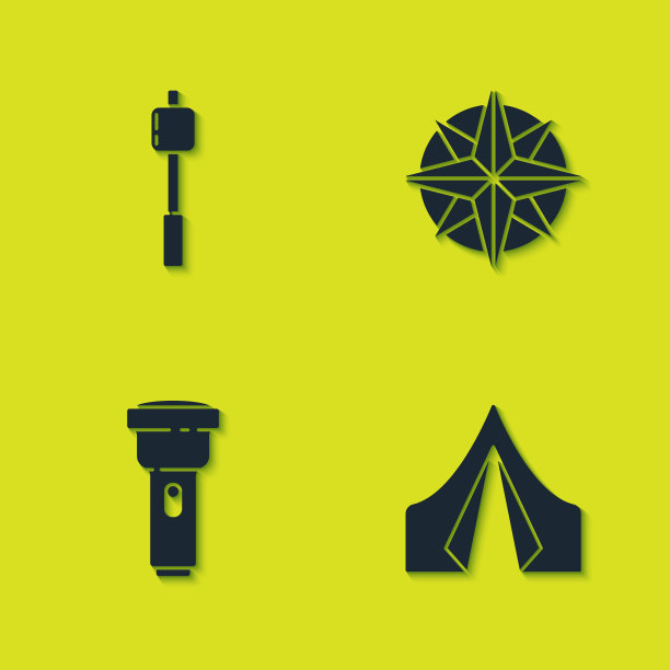 设置棉花糖棒，旅游帐篷，手电筒和风玫瑰图标。向量图片下载