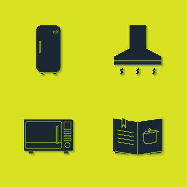 设置冰箱，食谱，微波炉和厨房排气扇图标。向量图片下载