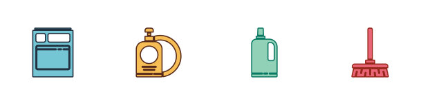 设置厨房洗碗机，洗碗液瓶和盘子，织物柔顺剂和拉手扫帚图标。向量图片下载