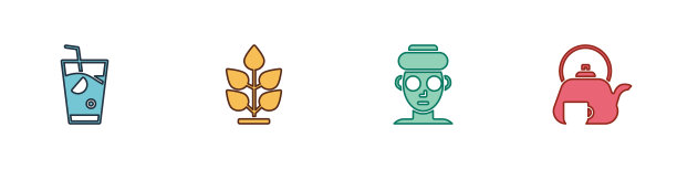 设置新鲜奶昔，植物，面部美容面膜和茶壶与杯子图标。向量图片下载