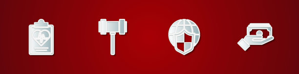 设置健康保险，法官木槌，盾与世界地球仪和堆栈纸币现金图标。向量图片下载