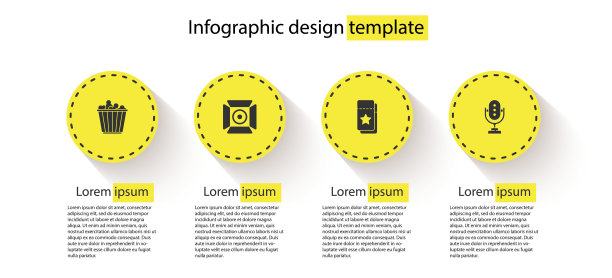 包装爆米花，电影聚光灯，电影票和麦克风。业务信息模板。向量图片下载